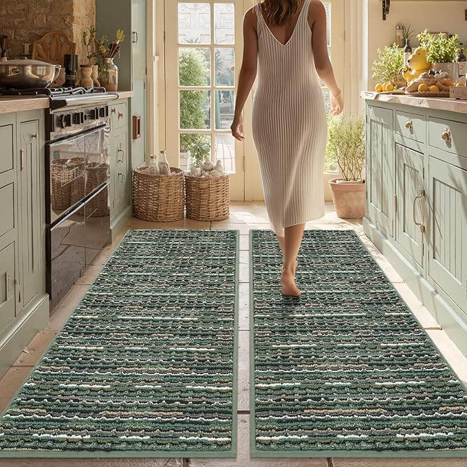 Kitchen Rugs Sets of 2-Non Slip Kitchen Mats for Floor-Thick Stain Resistant Vintage Kitchen Floor Mat Runner Carpet for Hallways Entryway Laundry Room Washable（Green 20"x47"+20"x47"）
