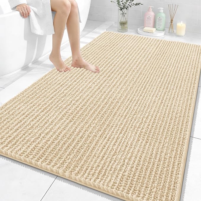 OLANLY Bathroom Rug Mat 59x35, Thick Soft and Absorbent Chenille Bath Mat, Non-Slip Rubber Backing, Machine Washable Quick Dry Bath Rugs for Tub Shower Floor, Home Decor Accessories, Beige