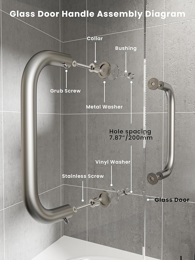 Shower Door Handle, 8 Inch Hole Centers (CTC), 304 Stainless Steel Back-to-Back Glass Door Pull Replacement Hardware for Frameless Sliding Bathroom Doors, Heavy Duty Tubular Grip, Brushed Nickel