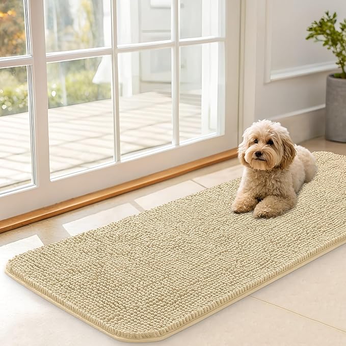 OLANLY Dog Door Mat for Muddy Paws 47x17, Absorbs Moisture and Dirt, Absorbent Non-Slip Washable Doormat, Quick Dry Chenille Mud Mat for Dogs, Entry Indoor Entryway Carpet for Inside Floor, Sand