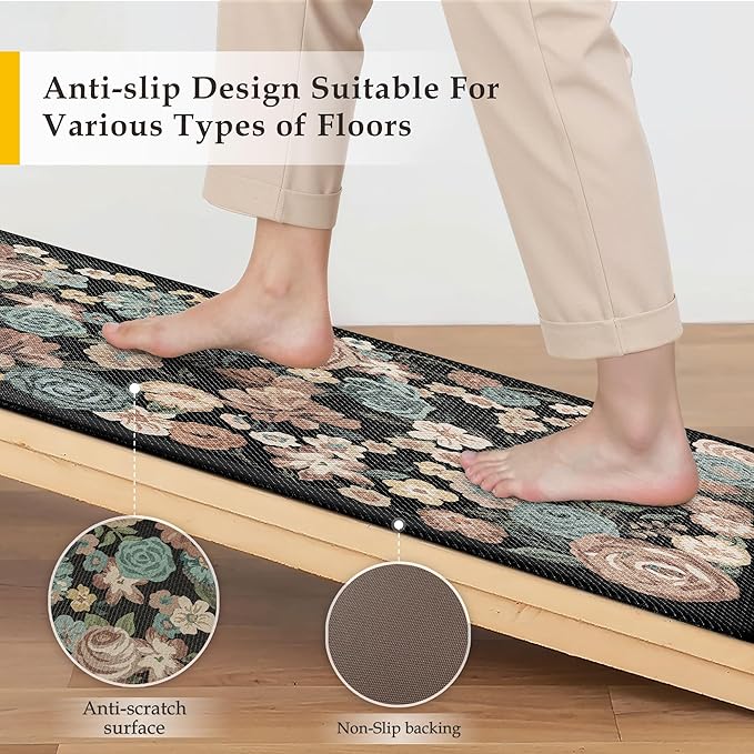 PureCozy Kitchen Mats 2PCS Anti Fatigue Cushioned Mat Non Slip Floral Kitchen Mats for Floor Waterproof Comfort Standing Black Farmhouse Rug for Sink Laundry Office Desk 17.3"x47"+17.3"x30"