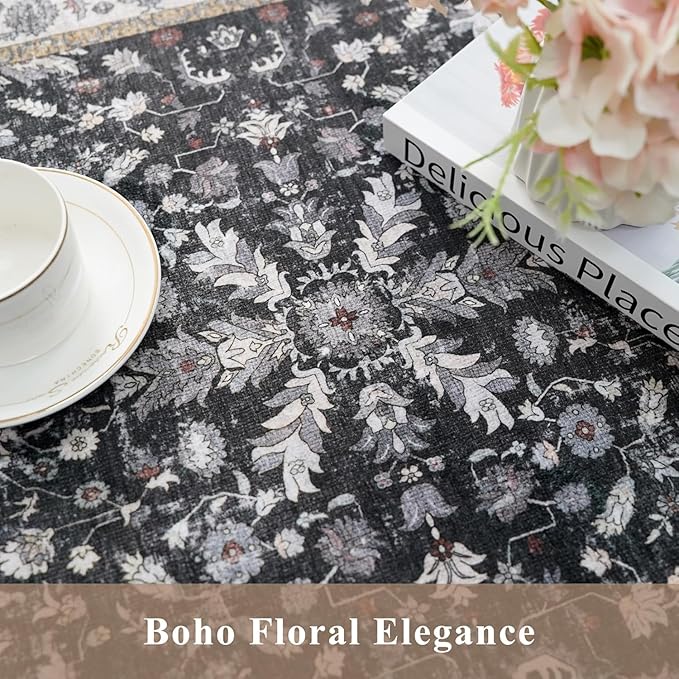 4x5 Kitchen Rug Washable Non-Slip – Soft Low Pile Indoor Carpet for Entryway Bathroom Living Room Bedroom – Boho Floral Small Throw Area Rug (Black,4x5)