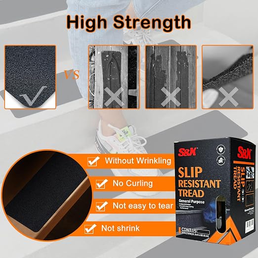 S&X Outdoor Stair Treads Non-Slip Tape 15-Pack Pre-Cut 6"x24" for Wooden Steps, High Traction Grip, Anti-Slip, Weather-Resistant, Black