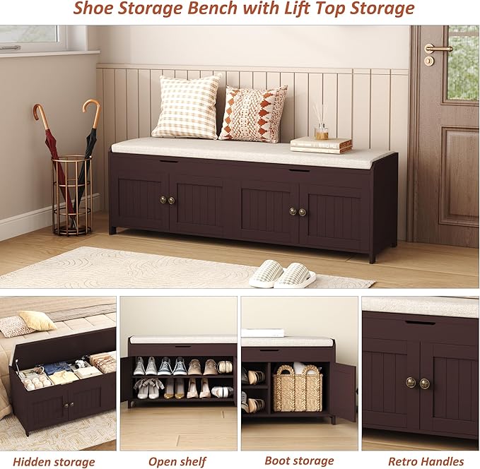 HOMEFORT 54.4" Shoe Bench with Lift Top Storage, Entryway Bench with Cushioned Seat, Wooden End of Bed Bench, Shoe Cabinet Bench with Hidden Storage Space, for Bedroom, Hallway,Espresso