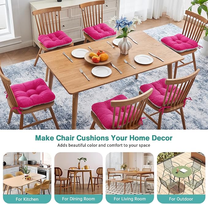 BETU Chair Cushions for Dining Chairs Set of 6,3.5" Thick Kitchen Table Chair Pads with Ties,Non Slip Backing and Covers, Seat Cushion for Dining Room,Bar,Patio Chairs,15.5"X15.5"X3.5",Hot Pink