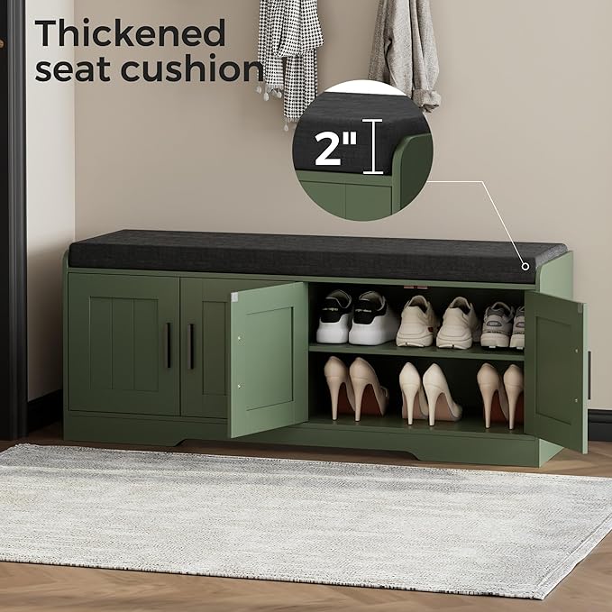 Homleke 2-Tier Storage Bench, Shoe Bench with Thickened Padded Seat Cushion, Entryway Bench with 4 Doors, Adjustable Shelf, 13.8" D x 45.3" W x 18.5" H, for Entryway, Living Room, Bedroom, Green
