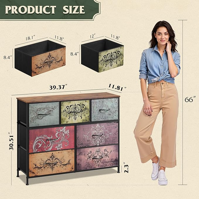 WLIVE 7 Drawer Dresser TV Stand, Entertainment Center, Media Console Table with Metal Frame and Wood Top for TV up to 45 inch, Chest of Drawers for Bedroom, Living Room, Pattern