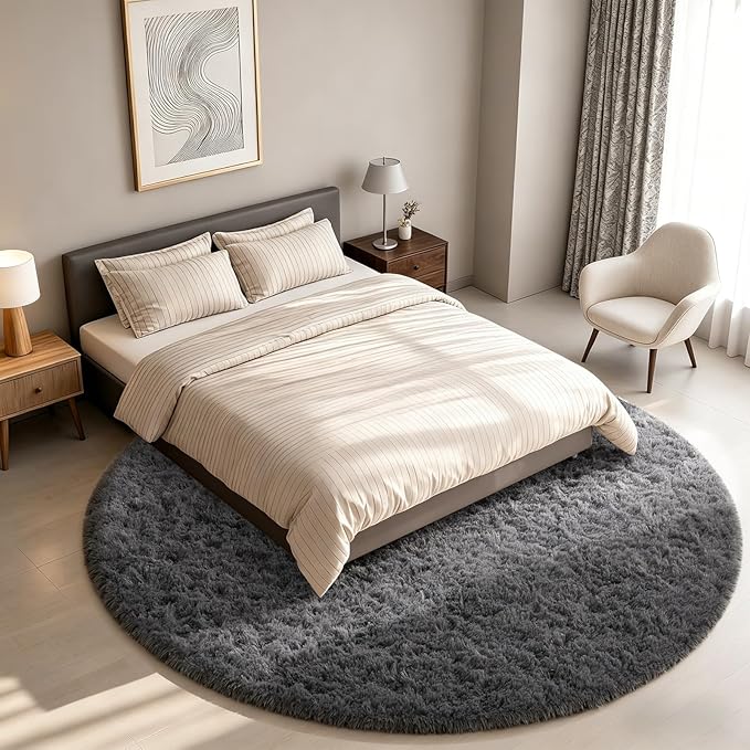 Ophanie Round Rug 7Ft Grey Circle Area Rugs, Large Fluffy Fuzzy Living Room Carpet 7 Foot, Plush Shag Solid Indoor Floor Gray Bedroom Christmas Circular Aesthetic Decor for Kids Teen Boys Baby,Nursery