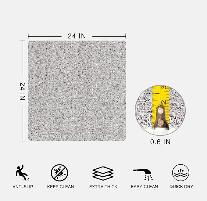 Nonslip Bathtub Mat, Anti Slip Bath Mat 0.6" Extra Thick, Quick Dry Bath Tub Anti Slip Shower Mat, Loofah Non-Slip Bath Mat for Tub Bathroom Pool Kitchen Entryway Home Hotel(Light Gray 24x24)