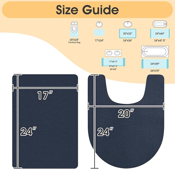 ACCUMTEK Non Slip Bath Mat, Thin Bathroom Rugs Fit Under Door, Quick Dry Bath Mats, Machine Washable Bath Rugs for Bathroom, Bathtub & Kitchen, Bathtub, Dark Blue/Solid/2 Piece