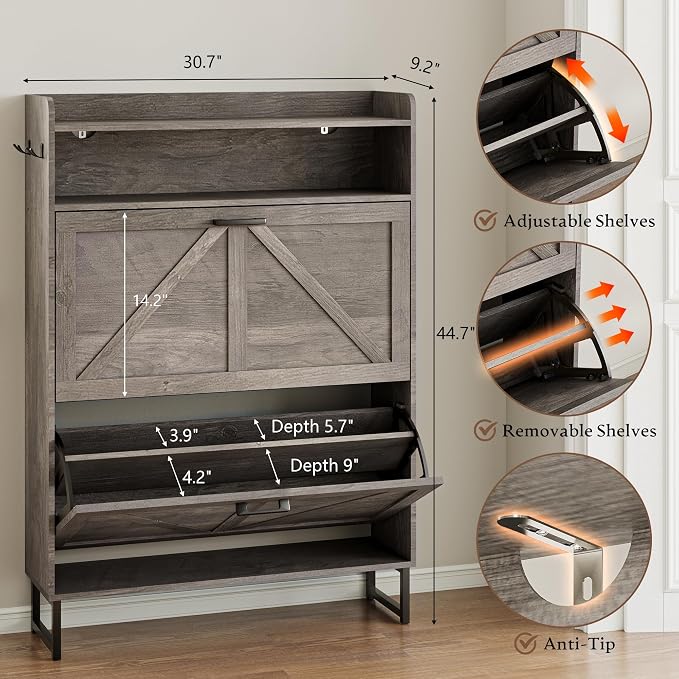BORNOON Shoe Cabinet with 2 Flip Drawers Narrow Shoe Storage Organizer Wooden Freestanding Rack Hidden Slim Shoes Storage Cabinet for Entryway, Hallway, Living Room, Bedroom (Grey)