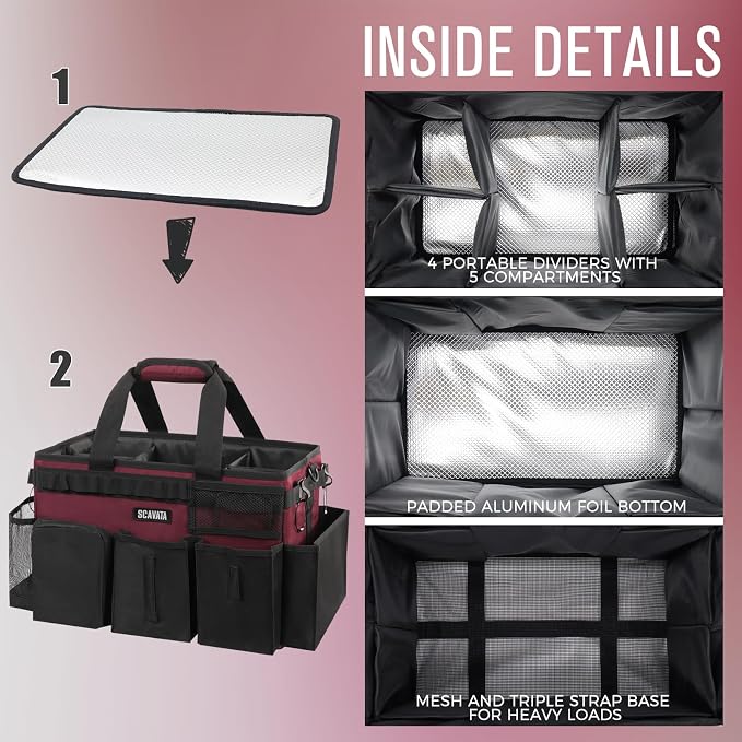 SCAVATA Wearable Cleaning Caddy Bag, Cleaning Caddy Supplies Organizer with Handle & Shoulder Straps for Housekeepers, Under Sink & Car Cleaning Tool Organizers with 4 Foldable Divider (Magenta)