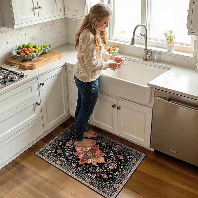 RELEANY Area Rugs Small 2'x3' Washable Non-Slip, Floral Vintage Distress Medallion Carpet for Kitchen Entryway Bathroom, Black Colorful Floral Dark Tan