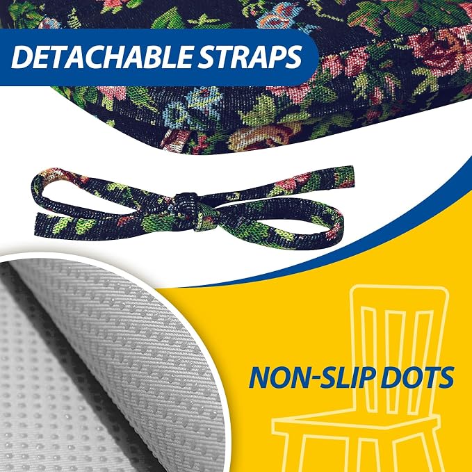 AAAAAcessories D-Shaped Chair Cushions, 2" Thick Dining Chair Pads with Ties and Removable, Machine-Washable Cover, 17" x 16", Set of 2, Night-Blooming Blossoms
