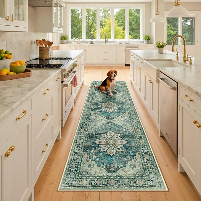 RELEANY Area Rugs Runner 2'6"x8' Washable Non-Slip, Floral Vintage Distress Medallion Carpet for Kitchen Hallway Bedroom Beside Laundry Room Bathroom, Dark Blue Vintage