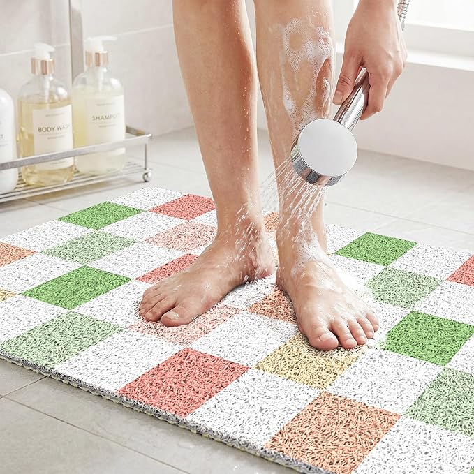 BLESWIN Loofah Mats for Shower 24"x16", PVC Bath Mat for Inside Shower, Bath Mat for Tub Non Slip, Checkered Shower Quick Dry Mats with Drain Hole, Colorful Checkered