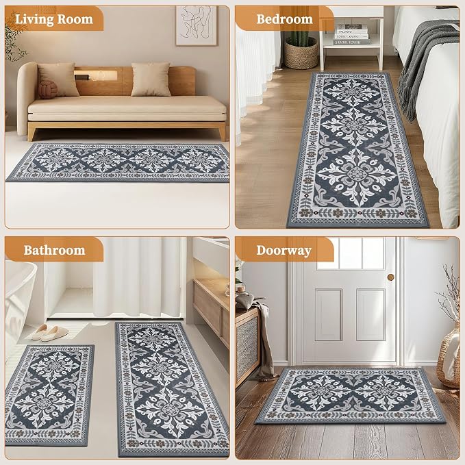 3-Piece Kitchen Rugs, Non-Slip & Washable Floor Mats, Water-Absorbent Area Pad, Standing Desk Mat for Office, Home, Doorway, Laundry, Kitchen Accessories (Grey)