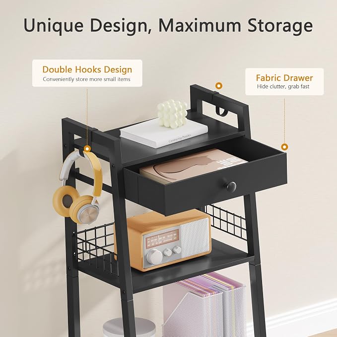 Gewudraw 3-Tier Ladder Shelf with Drawer, Bathroom Table Stand for Small Space, Standing Bathroom Shelves with Storage for Living Room Kitchen Bedroom, Organizer Shelf, Black