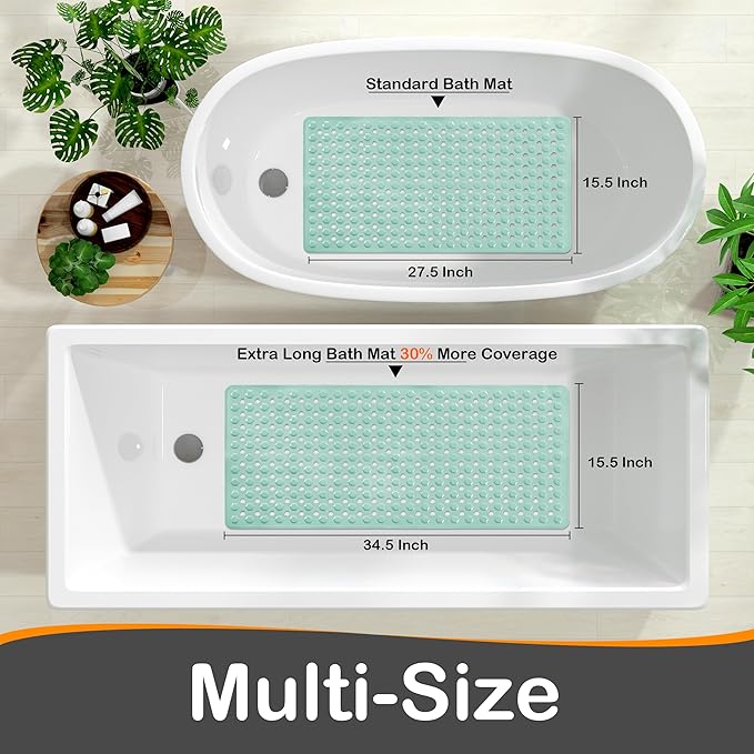 Yimobra Bathtub Mat Non Slip, 34.5"X15.5" Long Shower Mat for Inside Shower, Machine Washable Bath Mat with Drain Holes & Strong Suction Cups, Soft on Feet, Bathroom Essentials, Light Green