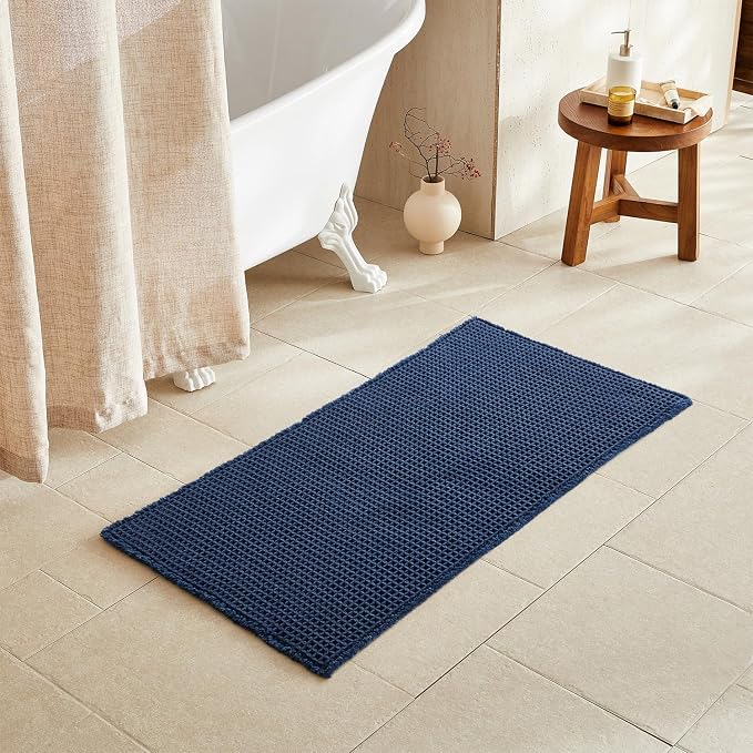 TYUU Waffle Bath Mat, Boho Bathroom Rugs Non Slip Washable Super Absorbent Quick Dry Bath Mat Farmhouse Bathroom Decor, 48"x24" Navy Blue