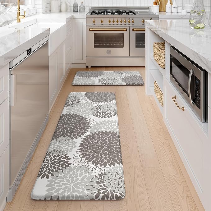 Anti Fatigue Kitchen Mat 2PCS,Boho Dahlia Floral Kitchen Rugs Non Slip Rubber Backing,Waterproof Farmhouse Kitchen Mat for Floor,Cushioned Standing Mat for Office,Laundry,Sink,Desk,Grey