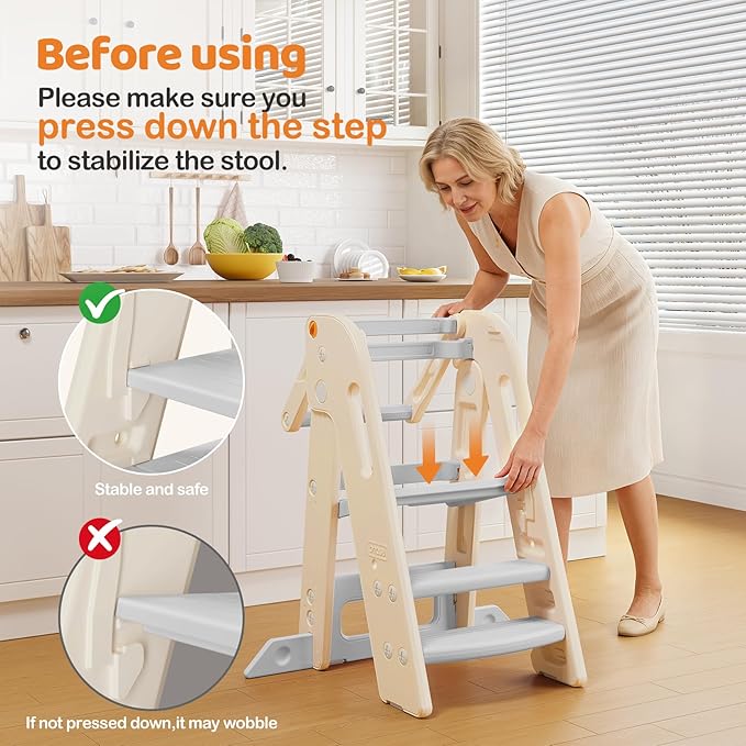Onasti Foldable Toddler Tower Kitchen Stool Helper, Adjustable Height Learning Standing Tower with Safety Rail, Anti-Slip Steps, Kids Step Stool for Kitchen Counter and Bathroom Sink-Grey