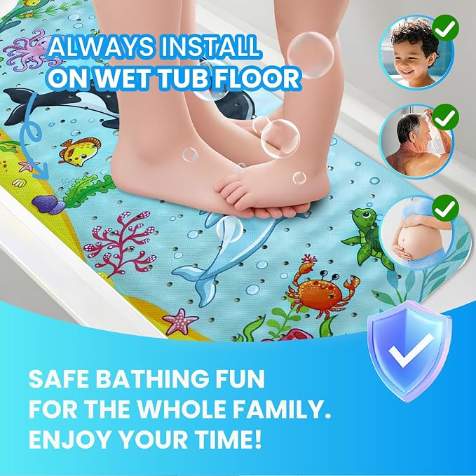 Baby Bath Tub Mat, 40 x 16 Inch Extra Large Non Slip Kids Cartoon Bathtub Shower Mats with Suction Cups & Drain Holes, Machine Washable for Bathroom, Undersea Whale & Dolphin