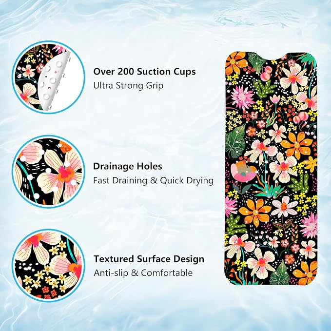 Bath Mat for Tub Non Slip, Floral Aesthetic Bathtub Mats for Girls Non Slip Shower Mat， Machine Washable 40"x16" Flower Tub Mats with Suction Cups and Drain Holes for Women Tropical Bathroom Decor