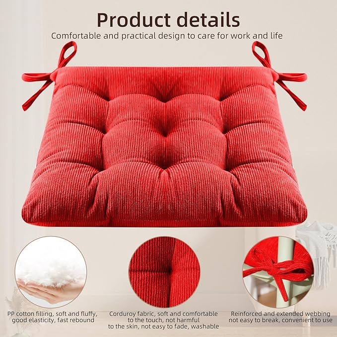 HLOVME Corduroy Chair Cushion with Ties Ultra Soft Warm Floor Cushion for Kids Reading Nook Comfortable Square Seat Cushion for Adult 15.7”x15.7”, Khaki
