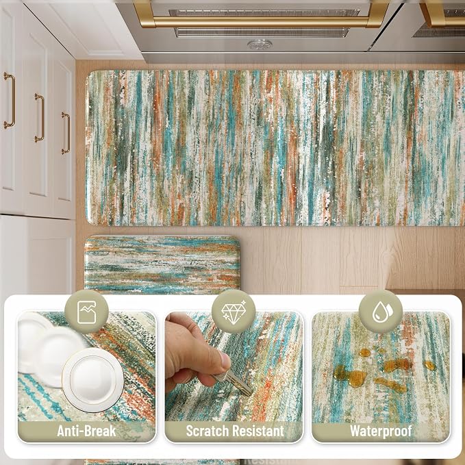KIMODE Kitchen Mats Cushioned Anti Fatigue 17"x47"+17"x29", Abstract Farmhouse Kitchen Mats for Floor 2 Piece, Padded Kitchen Floor Mats Non Slip, Standing Mat for Laundry Office Sink Desk Colorful