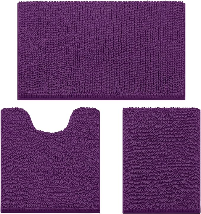 HOMEIDEAS 3 Pieces Bathroom Rugs, Ultra Soft Non Slip Absorbent Chenille Toilet Bath Mat Set (Purple)