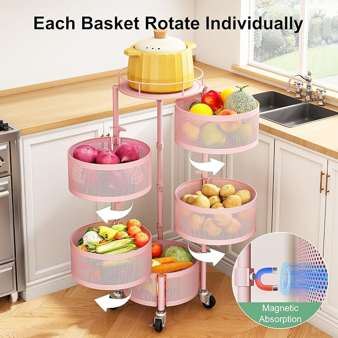 SAYZH Fruit Vegetable Basket for Kitchen, Rotating Storage Rack, 5 Tier Rolling Cart with top lid, Large Metal Wire Wheels, Pink