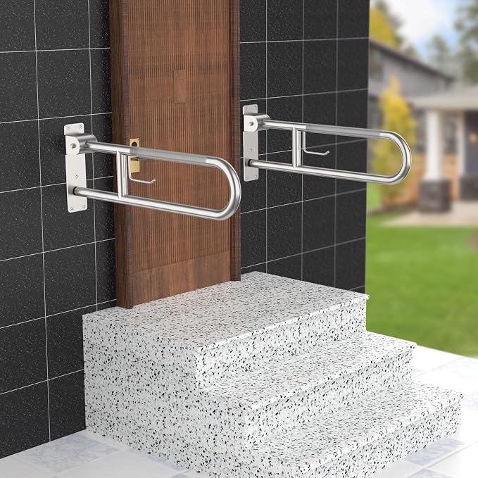 Toilet Grab Bar 30.3 Inch, Munzong Anti-Slip Handicap Grab Bars with Paper Holder, Flip-Up Bathroom Toilet Safety Rails, Stainless Steel Knurled Support handrails for Seniors Elderly Disabled Pregnant