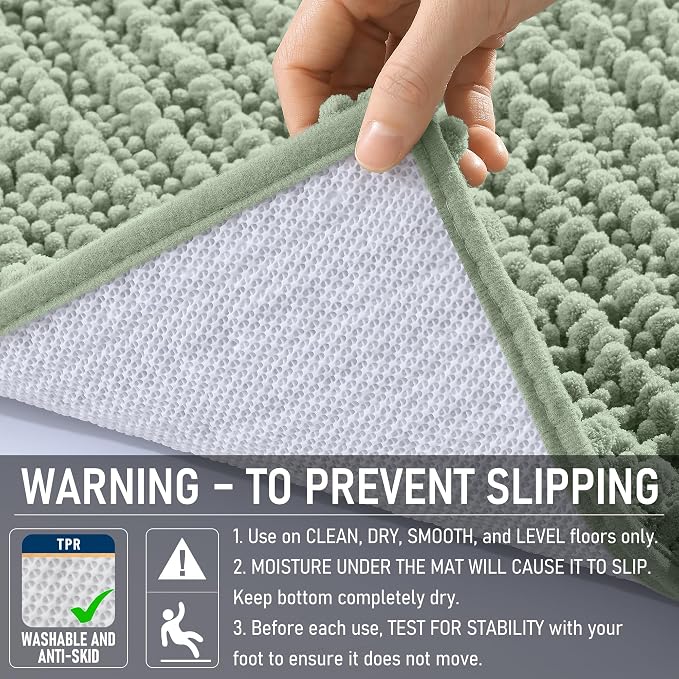 OLANLY Bathroom Rug Mat 44x24, Thick Soft and Absorbent Chenille Bath Mat, Non-Slip Rubber Backing, Machine Washable Quick Dry Bath Rugs for Tub Shower Floor, Home Decor Accessories, Sage Green