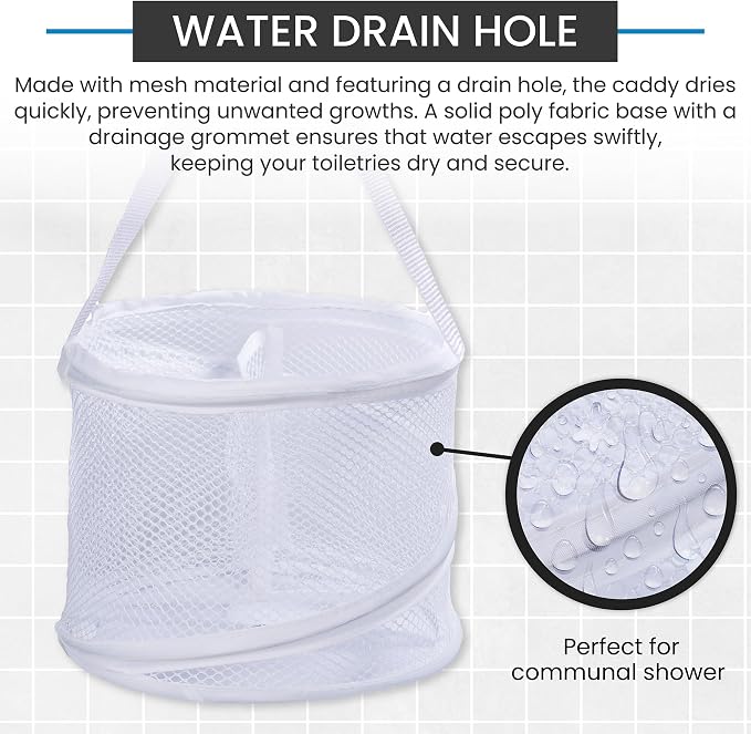 Handy Laundry Portable Shower Caddy Mesh Basket, Small Collapsible Foldable Toiletry Organizer with Handle, Quick Dry Drain Hole, Large Compartments for Dorm, Gym, Travel, Camping, White
