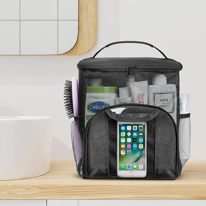 Attmu Mesh Shower Caddy Portable Dorm Tote Bag, Quick Dry Hanging Toiletry Bag, Large Capacity Shower Bag for College Dorm Room Essentials for Boys and Girls for Bath Camping (Black)