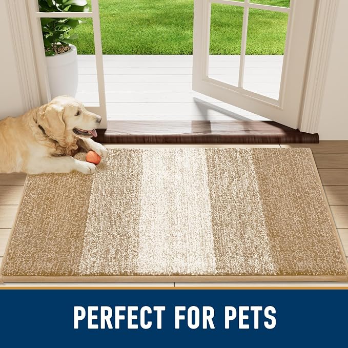 Smiry Dog Door Mat for Muddy Paws, Absorbs Moisture and Dirt, Low-Profile Entryway Mat with Non-Slip Backing, Entry Indoor Outdoor Doormat for Inside Floor (59x20 Inches, Beige, Striped)
