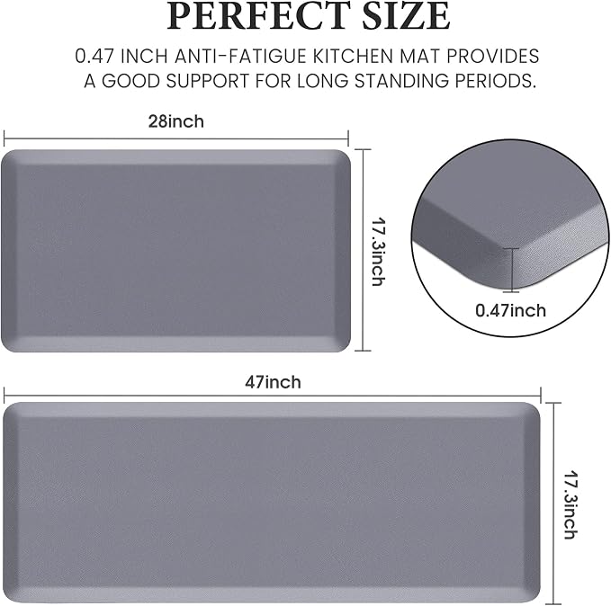 HappyTrends 2 PCS Kitchen Mat Cushioned Anti-Fatigue Floor Mat, Heavy Duty Ergonomic Comfort Foam Standing Mat, Waterproof Non-Slip Kitchen Rugs for Home, Office(17.3"x28"+17.3"x47",Grey)