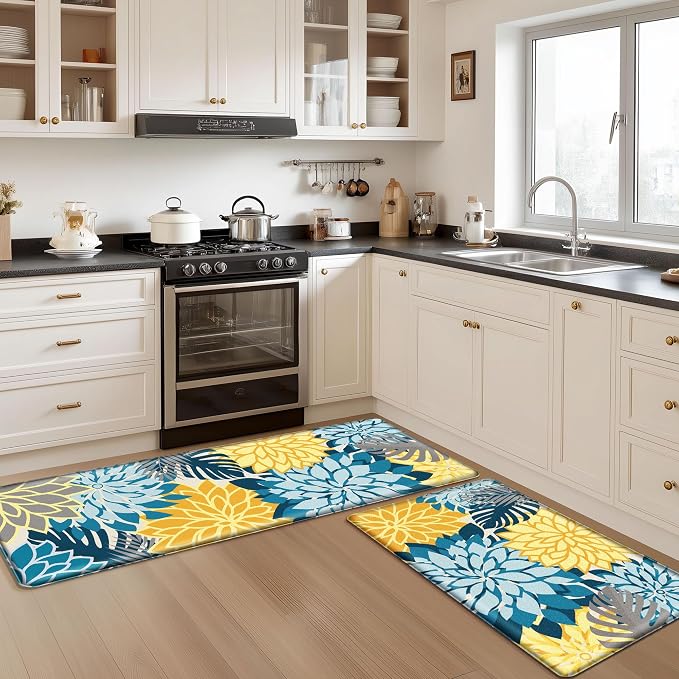 Arenarug Kitchen Mats for Floor 2PCS Cushioned Anti Fatigue Kitchen Mats Waterproof Non Slip Kitchen Rug Set Foam Standing Mat for Sink, Laundry, Office, 17.3" x 28" + 17.3" x 59", Yellow Teal