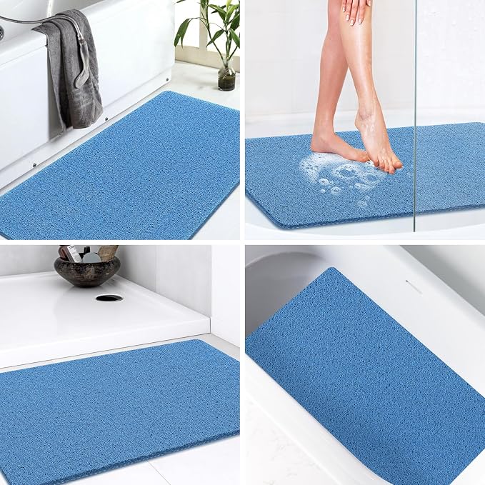 LuxStep Shower Mat Bathtub Mat,40x24 inch, Non-Slip Bath Mat with Drain, Quick Drying PVC Loofah Bathmat for Tub,Shower,Bathroom,Lake Blue