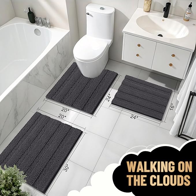 OLANLY Thick Large Bathroom Rugs 40x24, Extra Soft Absorbent Chenille Striped Bath Rugs, Rubber Backing, Machine Wash, Bath Mats for Bathroom Floor, Tub and Shower, Home Decor Accessories, Dark Grey