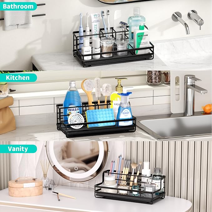 HapiRm Toothbrush Holders for Bathroom - 5 Partitions Bathroom Counter Organizer with Instant Drying Stone, Stainless Steel Countertop Storage Electric Toothbrush Toothpaste Holder - Black(Large)