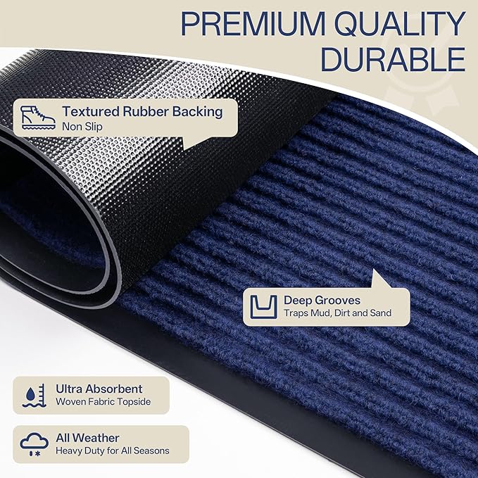 Front Door Mat, 6' x 3' Commercial Floor Mat, Heavy Duty Welcome Mat, Rubber Backing Non Slip Doormat for Entryway, Blue