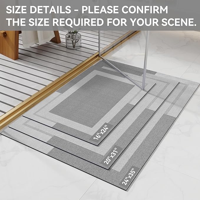 YDKGL Non Slip Bath Mat, Rubber Backing Ultra Thin Bathroom Rugs Fit Under Door Quick Dry Super Absorbent Washable Bath Rug Shower Mat for Bathroom Floor Bathtub Shower Sink, Easy Care Gray 24"x 35"