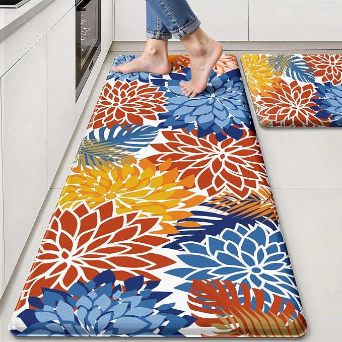 Arenarug Kitchen Mats for Floor 2PCS Cushioned Anti Fatigue Kitchen Mats Waterproof Non Slip Kitchen Mat Rug Set Comfort Foam Standing Mat for Sink, Laundry, Office, 24"x39"+24"x59", Red Blue