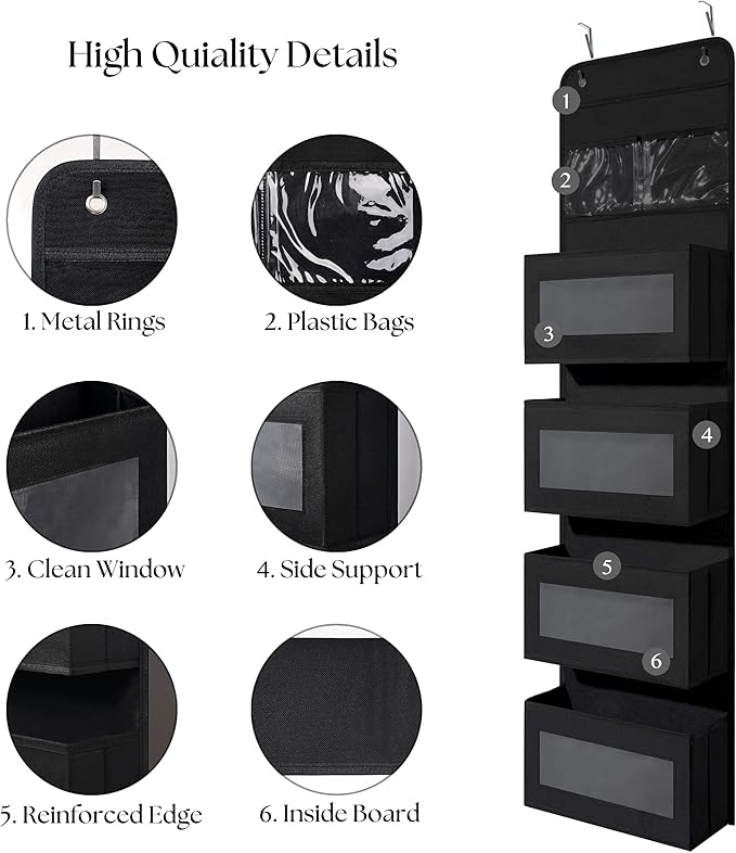 Giraffe Creation Black Over Door Organizer with 4 Large Clear Pockets, Hanging Door Storage for Closet, Bathroom, Bedroom, Dorm, Nursery, Toys, Toiletries, Cosmetics