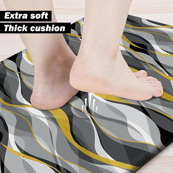 Kitchen Mats for Floor Modern Abstract kitchen rugs Grey and Yellow Stripe Anti Fatigue Kitchen Mats Waterproof Floor Mats Cushioned Non-Skid Standing Mats for Kitchen, Set of 2,17.3 x 28+17.3 x 47