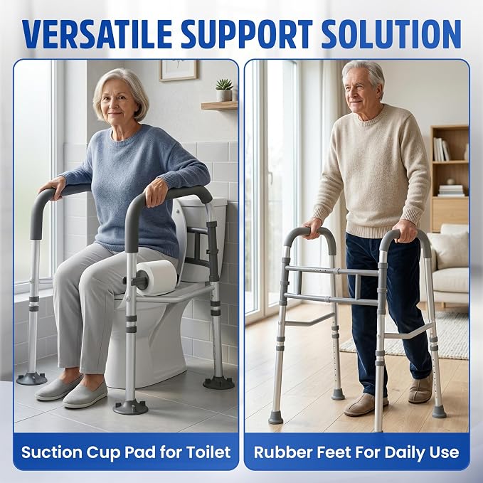 Toilet Safety Rails for Seniors 350lb, Adjustable Height & Width Toilet Bars for Elderly | Foldable Non-Slip Toilet Safety Frame, 4 Suction Cups & 4 Tips, Reinforced 2 C-Clamp – Fits Most Toilets
