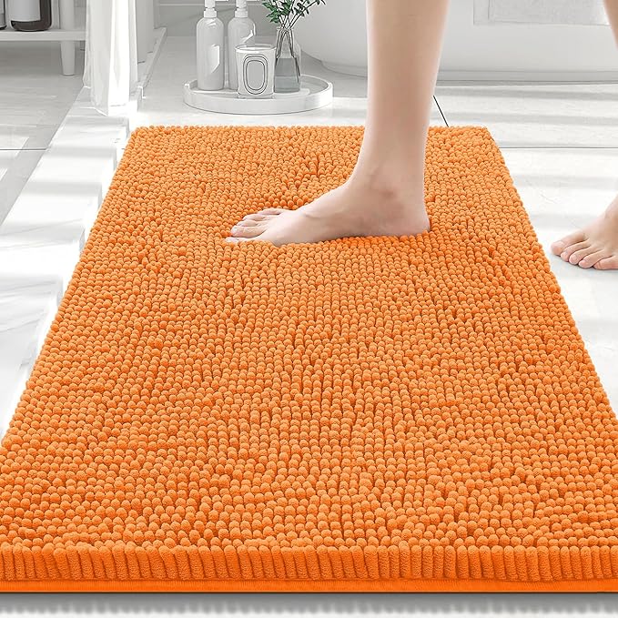 Smiry Luxury Chenille Bathroom Rugs 30x20, Extra Soft and Absorbent Shaggy Bath Mat, Machine Washable, Non-Slip Plush Carpet Runner for Tub, Shower, and Floor, Home Decor Accessories, Orange
