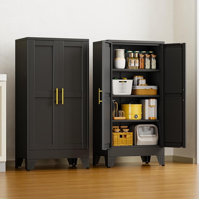 47" Black Metal Garage Storage Cabinet with 2 Doors and 3 Adjustable Shelves,Kitchen Pantry Cabinet,File Cabinet,Steel Tool Cabinet for Home,Office,Garage,School,Warehouse